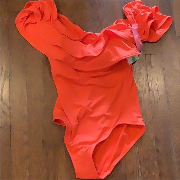 Kate Spade Palm Beach Ruffle Off The Shoulder One-Piece Swimsuit Hot Cherry - Picture 8 of 8